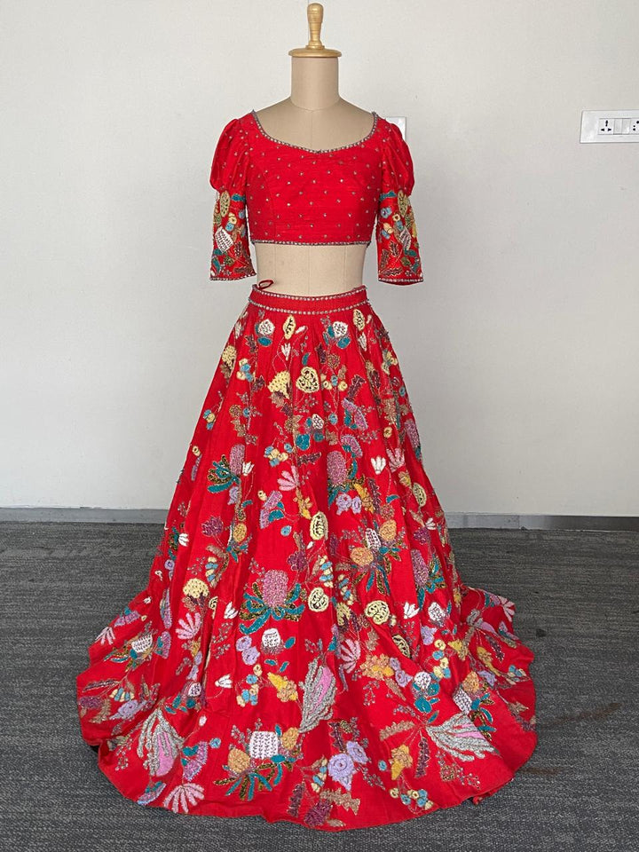 Aisha Rao Scarlet Floral Embroidered Lehenga Set