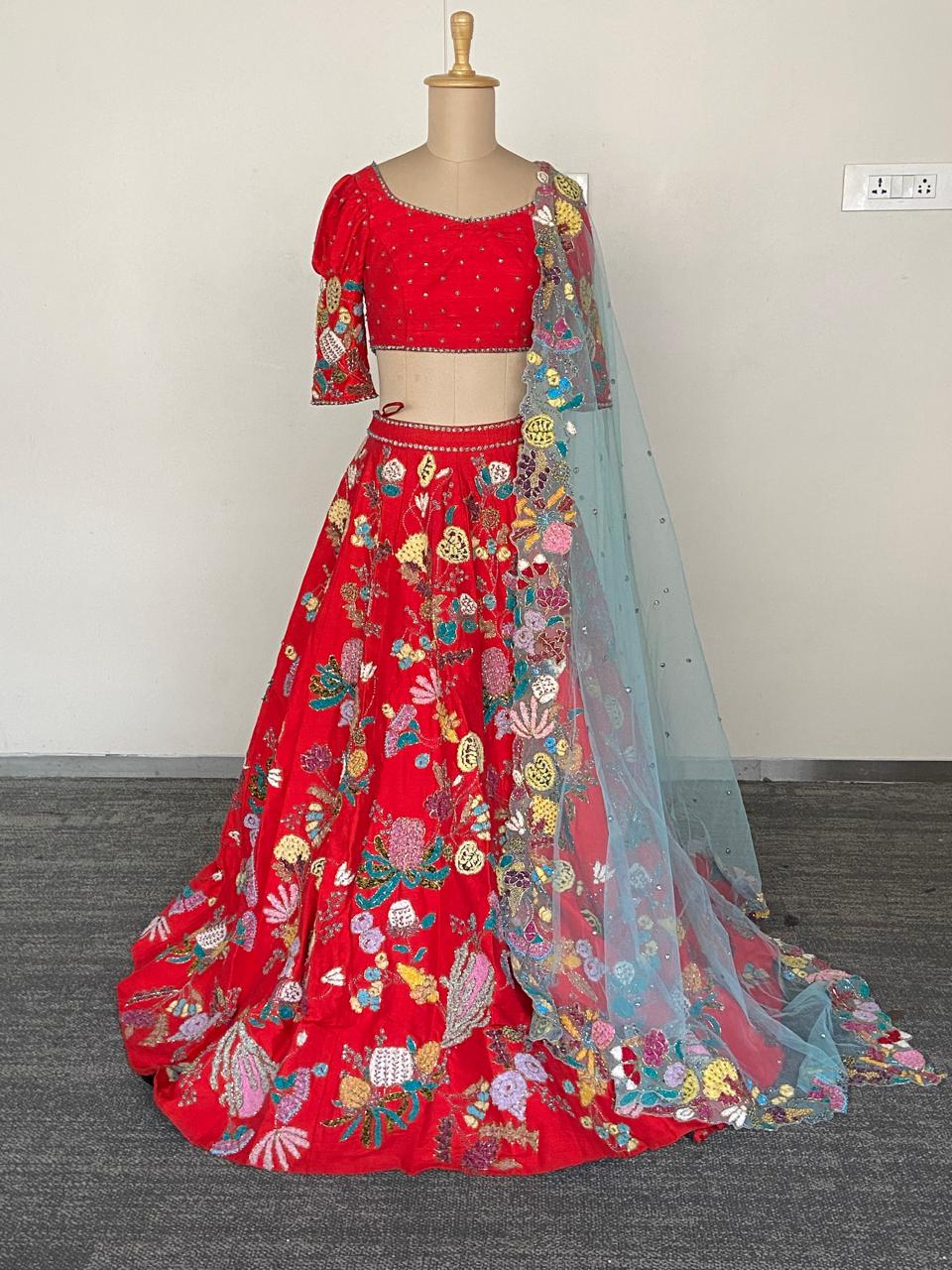 Aisha Rao Scarlet Floral Embroidered Lehenga Set