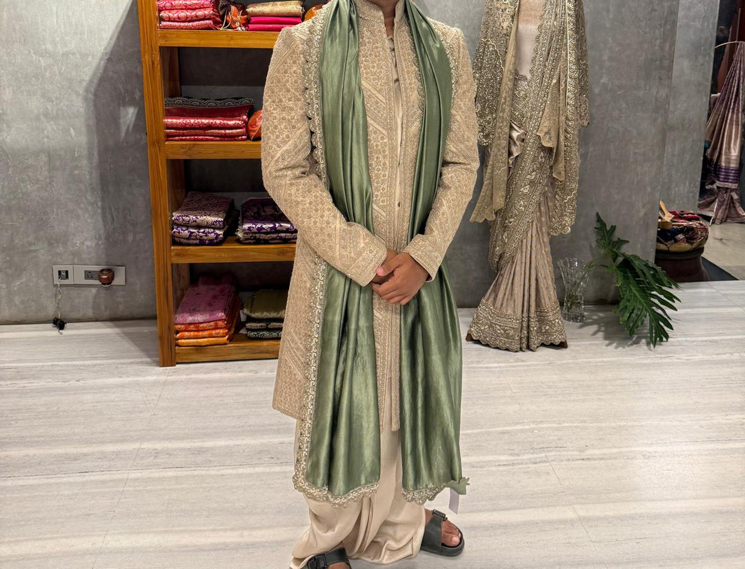 Jayanti Reddy Ivory Embroidered Sherwani Set with Dhoti & Stole