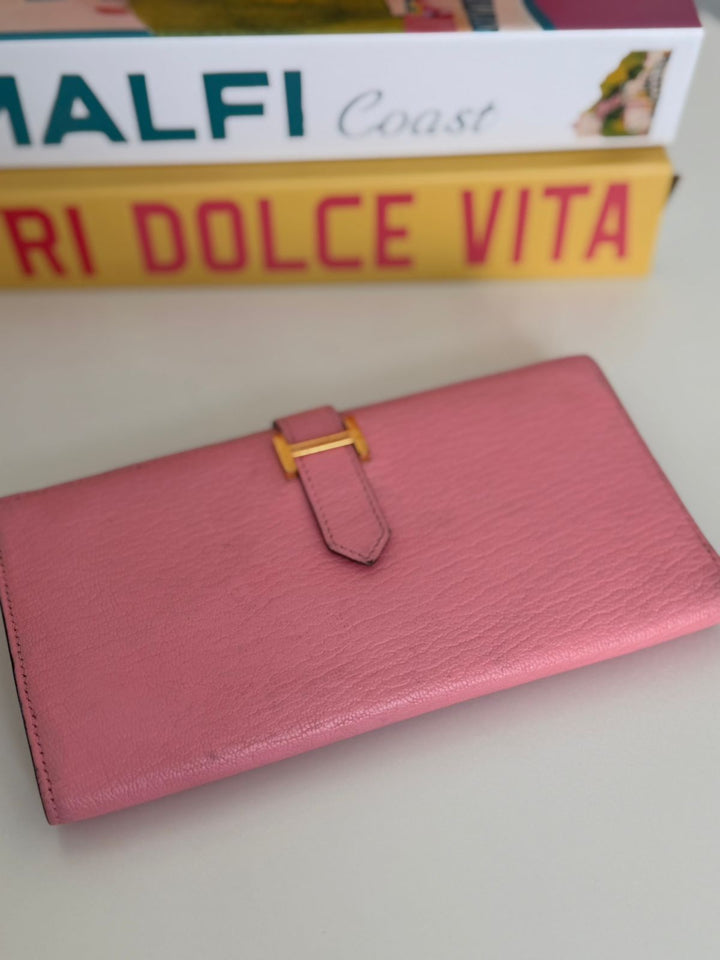 Hermès Bearn Soufflet Rose Sakura Chevre Long Wallet
