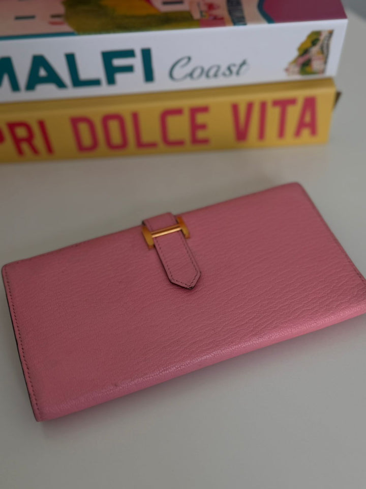 Hermès Bearn Soufflet Rose Sakura Chevre Long Wallet