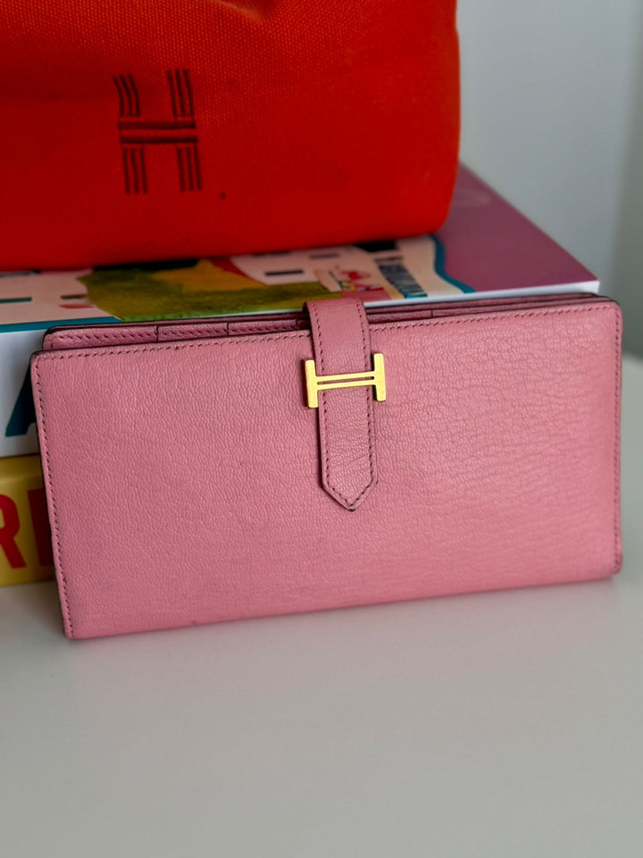 Hermès Bearn Soufflet Rose Sakura Chevre Long Wallet