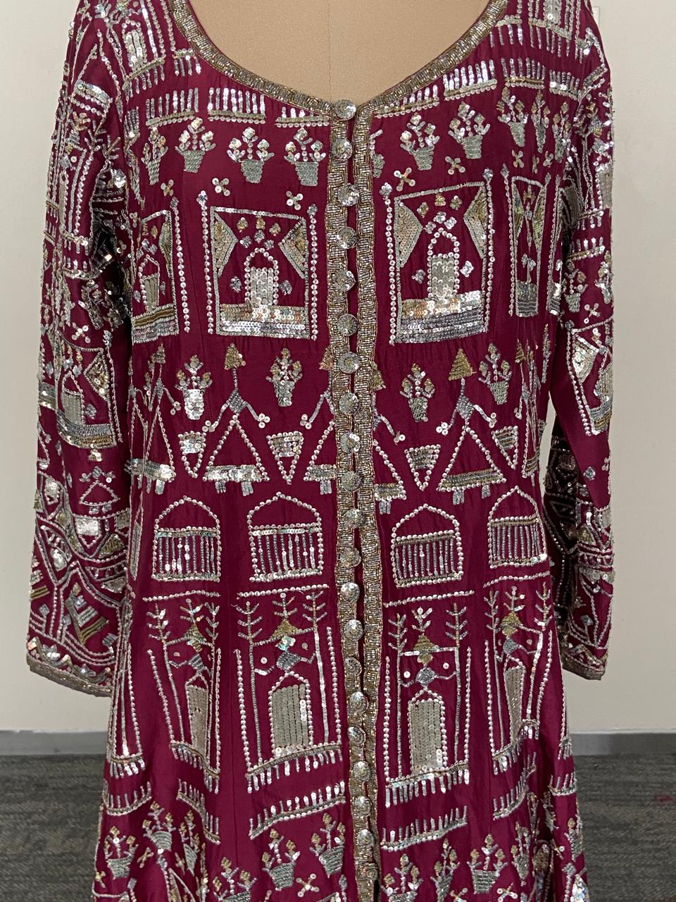 Manish Malhotra Wine Embroidered Jacket Set