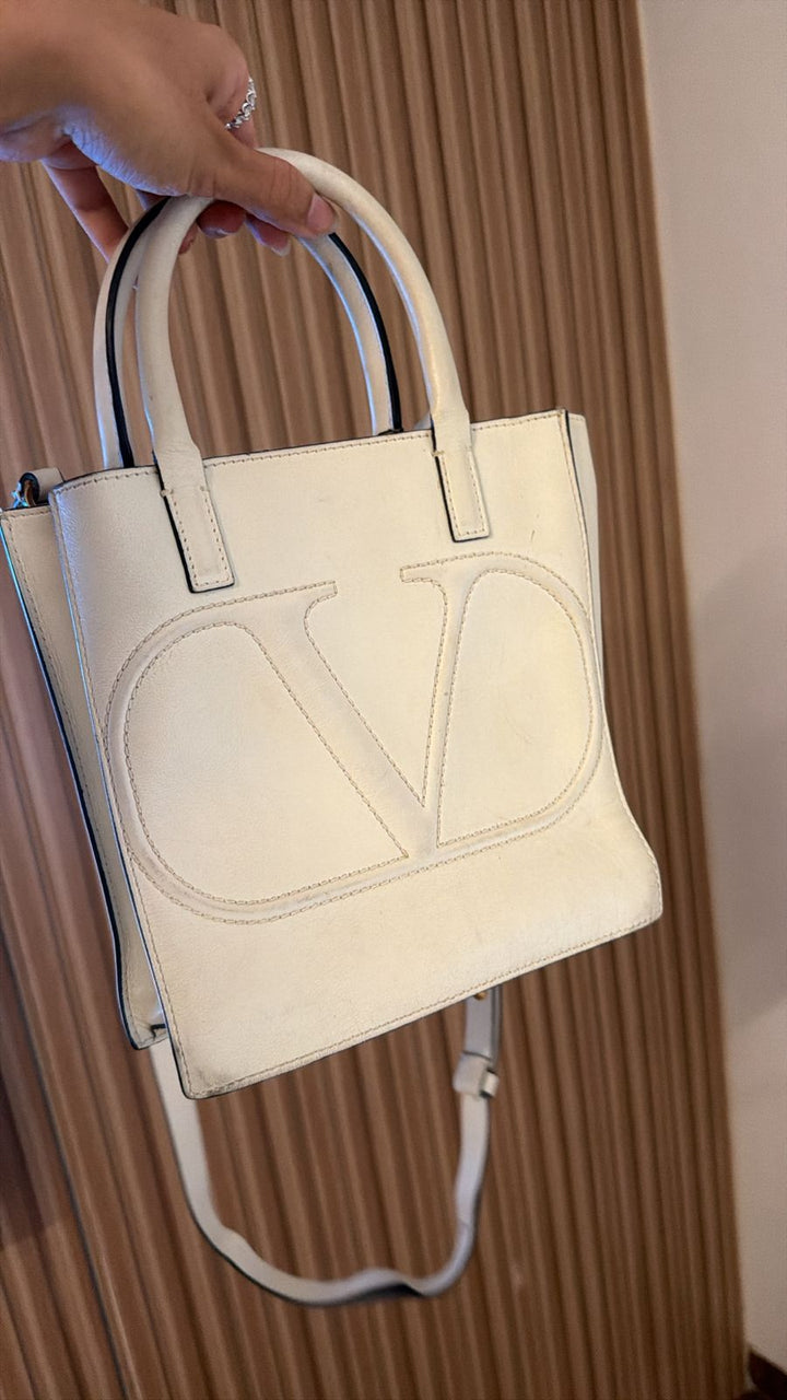 Valentino Off White Leather Small VLogo Walk Tote