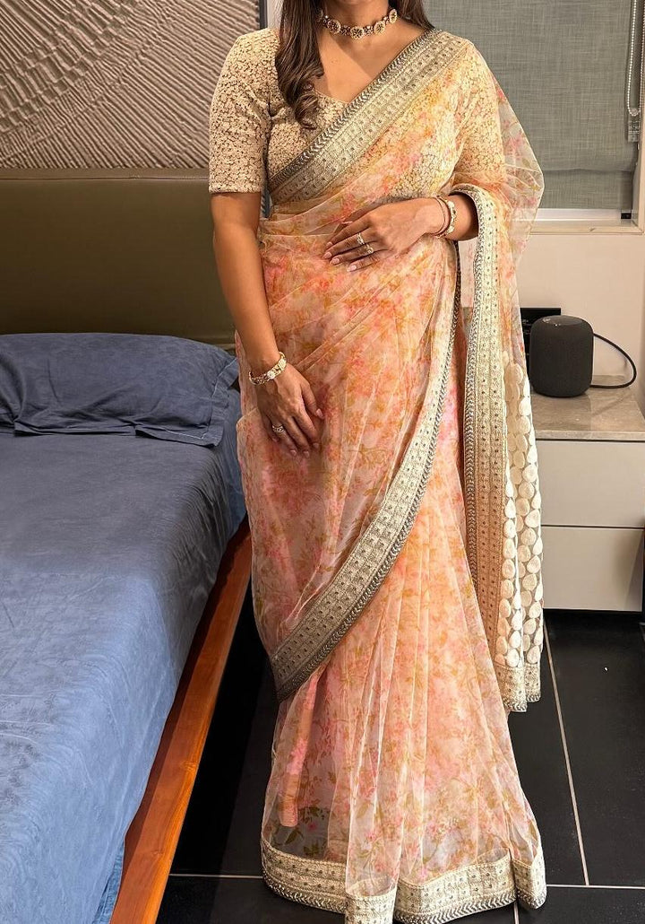 Sabyasachi Pastel Floral Saree & Embroidered Blouse