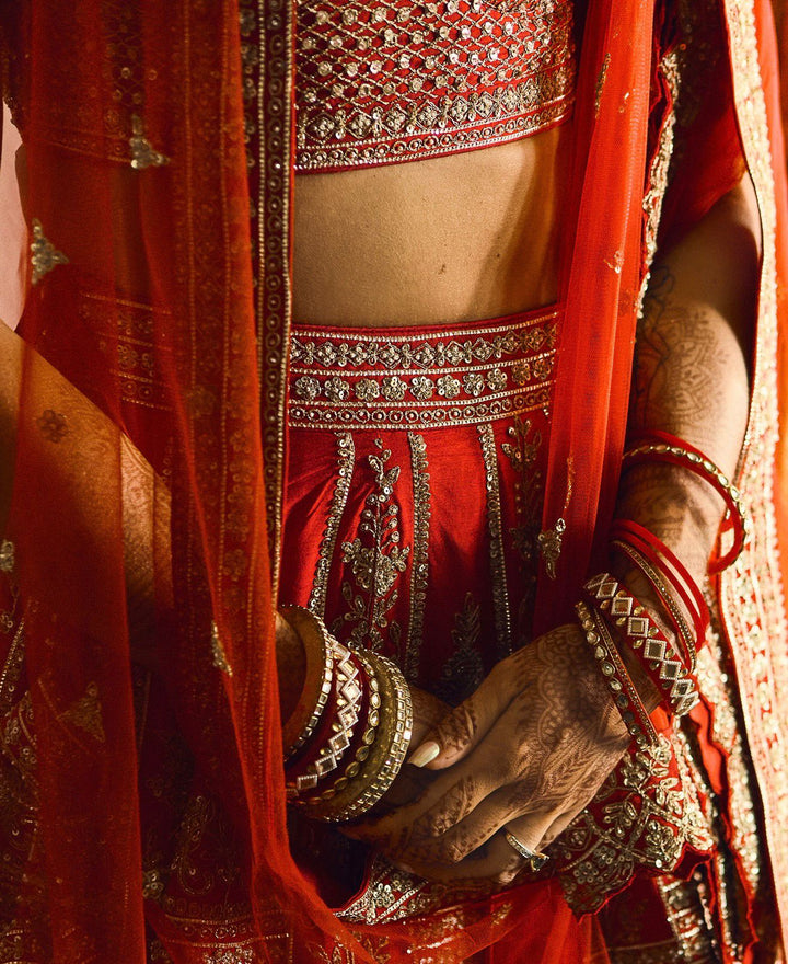 Angad Singh Bridal Red Hand-Embroidered Lehenga Set