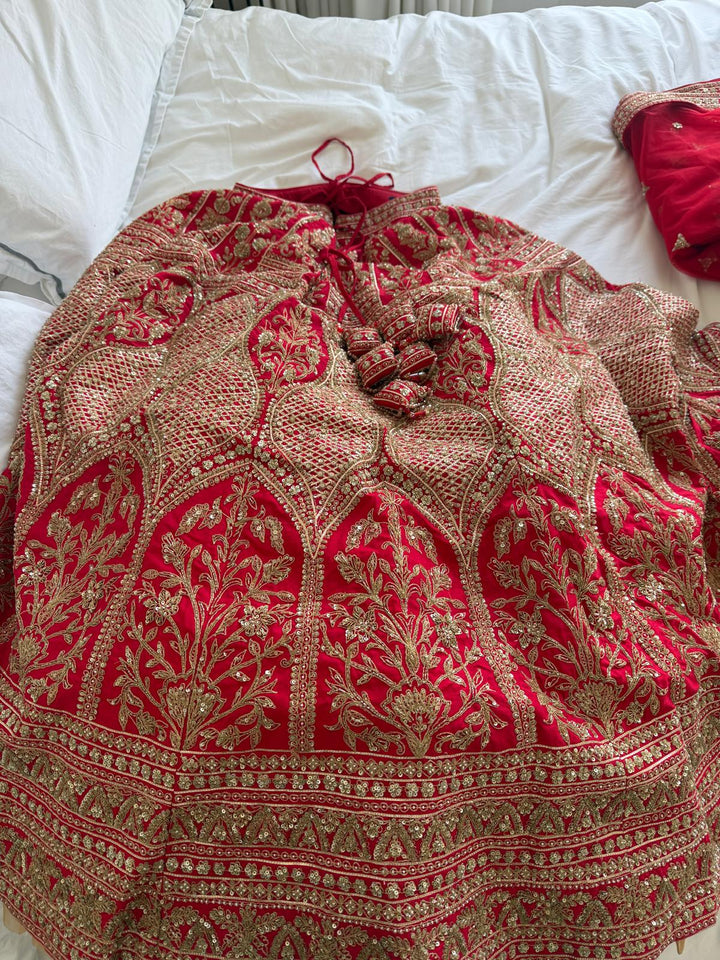 Angad Singh Bridal Red Hand-Embroidered Lehenga Set