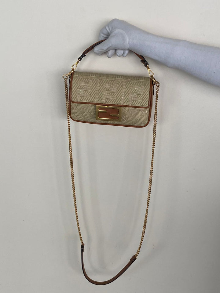 Fendi Raffia Vitello King Lucido FF Embroidered Baguette