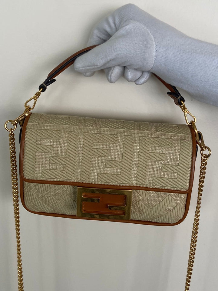 Fendi Raffia Vitello King Lucido FF Embroidered Baguette