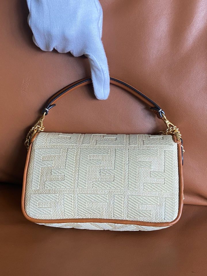 Fendi Raffia Vitello King Lucido FF Embroidered Baguette
