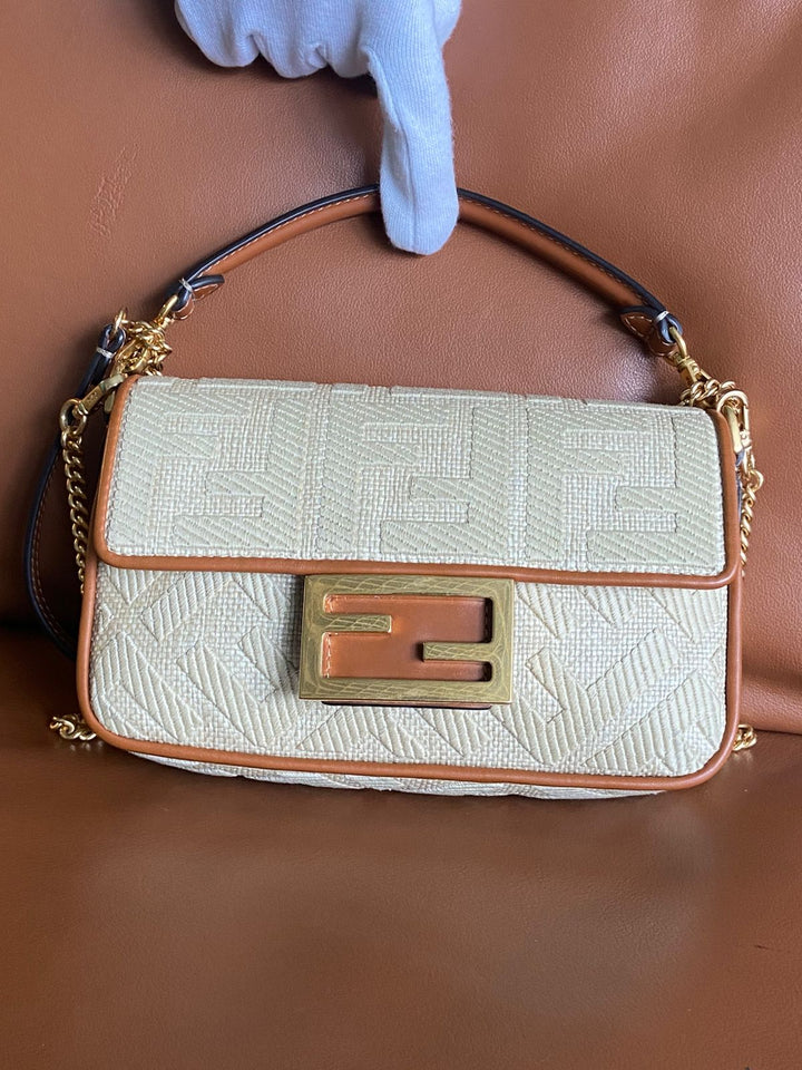 Fendi Raffia Vitello King Lucido FF Embroidered Baguette