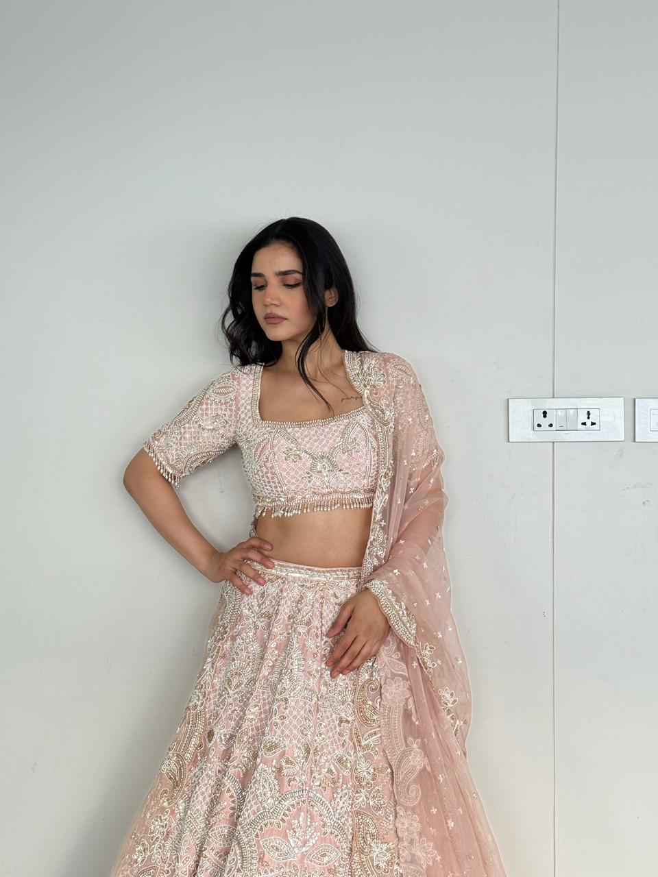 Seema Gujral Blush Pink Embroidered Lehenga Set