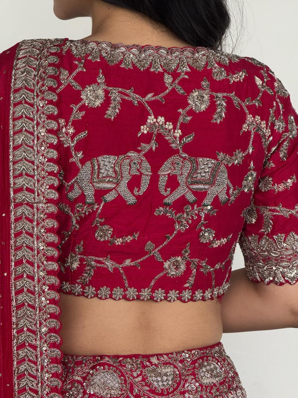 Mrunalini Rao Red Raw Silk Embroidered Lehenga Set
