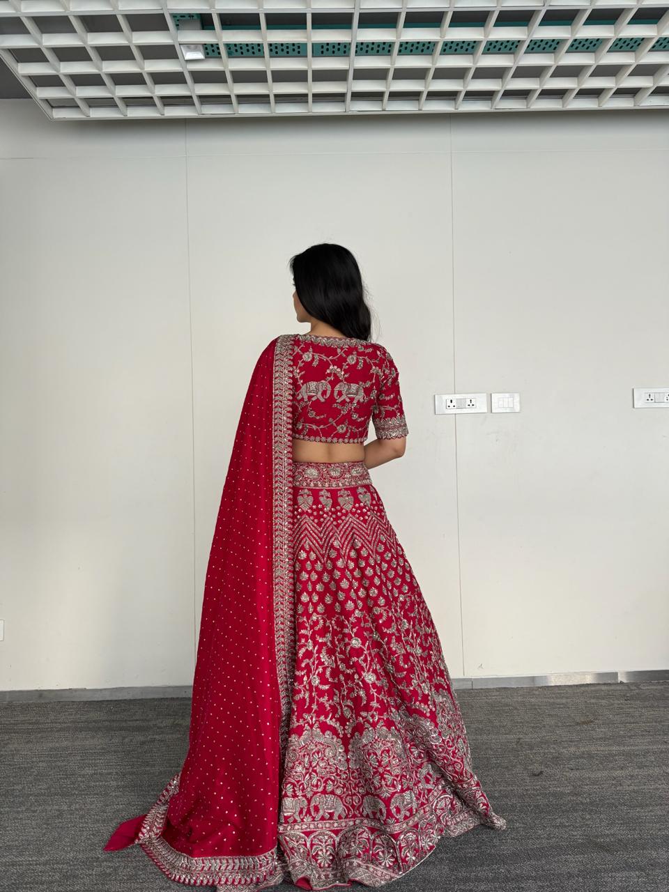 Mrunalini Rao Red Raw Silk Embroidered Lehenga Set