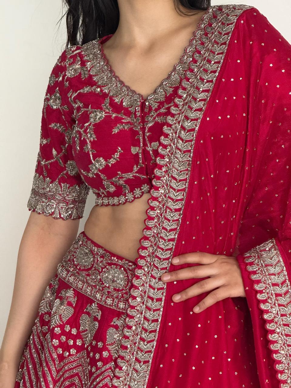 Mrunalini Rao Red Raw Silk Embroidered Lehenga Set