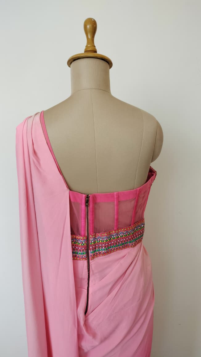 Shantanu & Nikhil Rose Pink Gown with Saree Drape