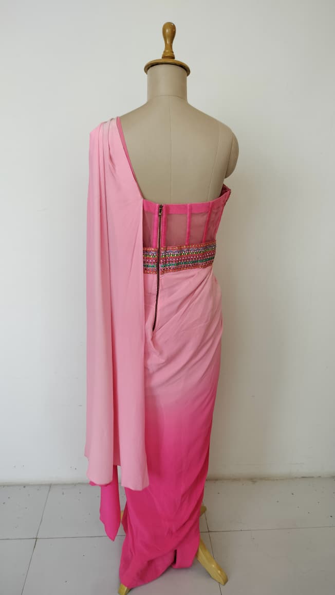 Shantanu & Nikhil Rose Pink Gown with Saree Drape