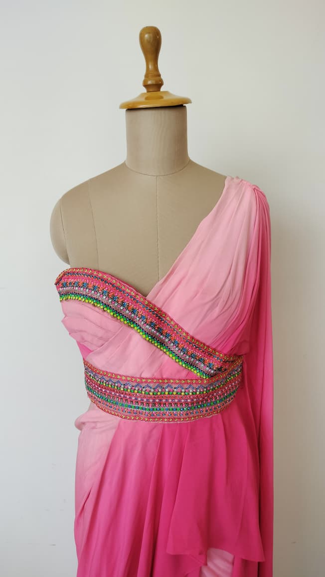Shantanu & Nikhil Rose Pink Gown with Saree Drape