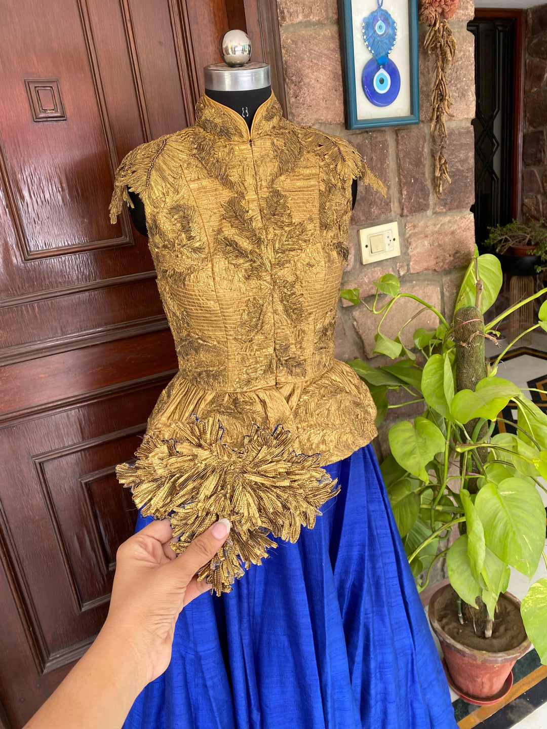 Shantanu & Nikhil Gold & Royal Blue Skirt Set
