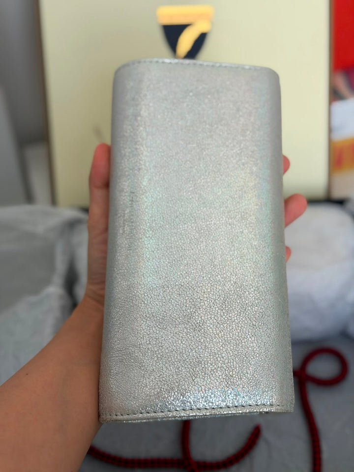 Aspinal Of London Mayfair Silver Textured Leather Chain Clutch