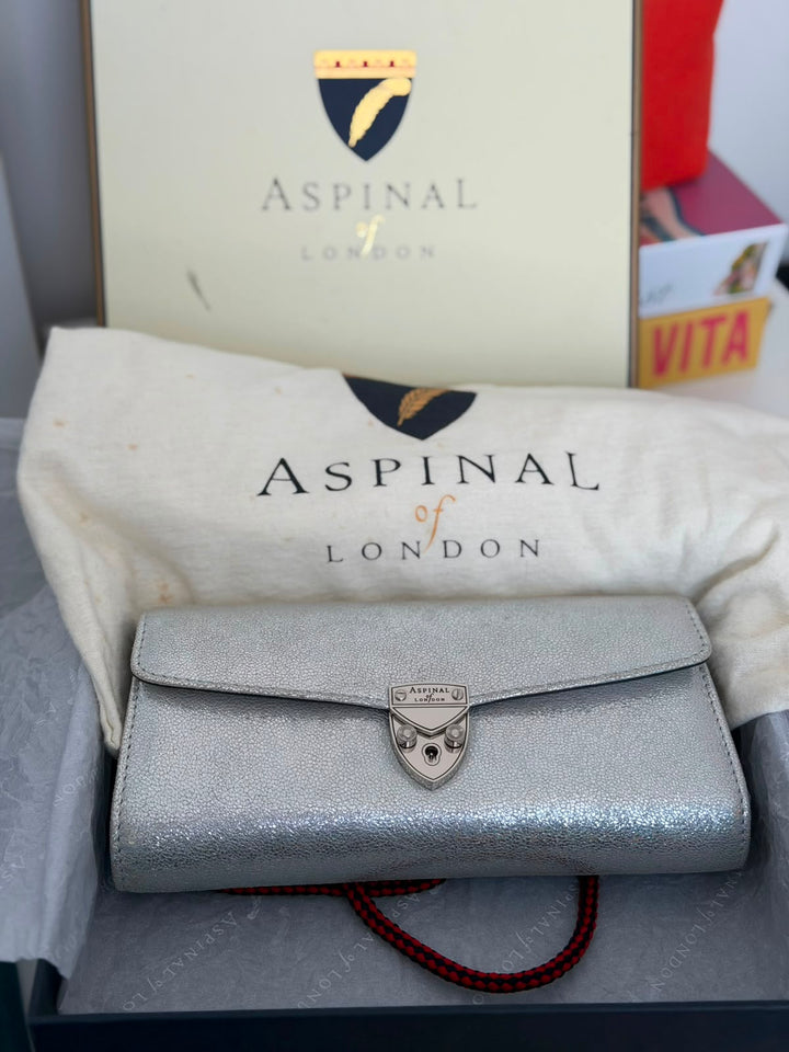 Aspinal Of London Mayfair Silver Textured Leather Chain Clutch