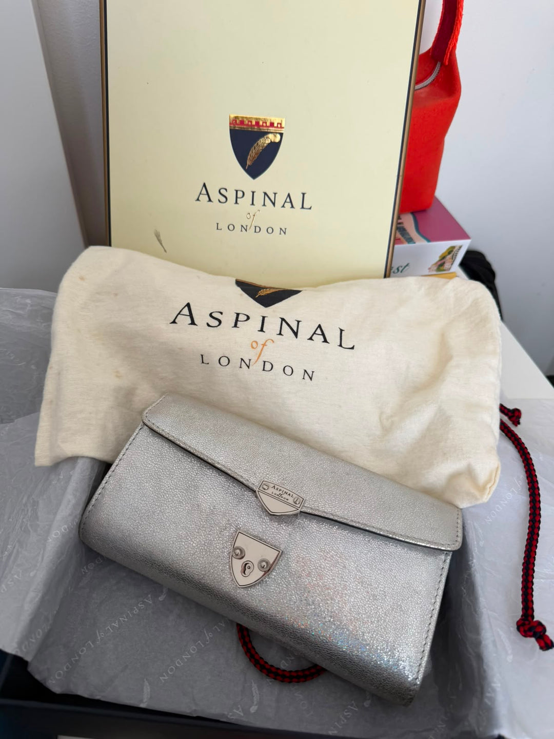 Aspinal Of London Mayfair Silver Textured Leather Chain Clutch