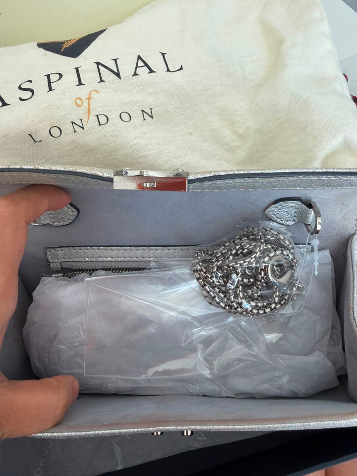 Aspinal Of London Mayfair Silver Textured Leather Chain Clutch