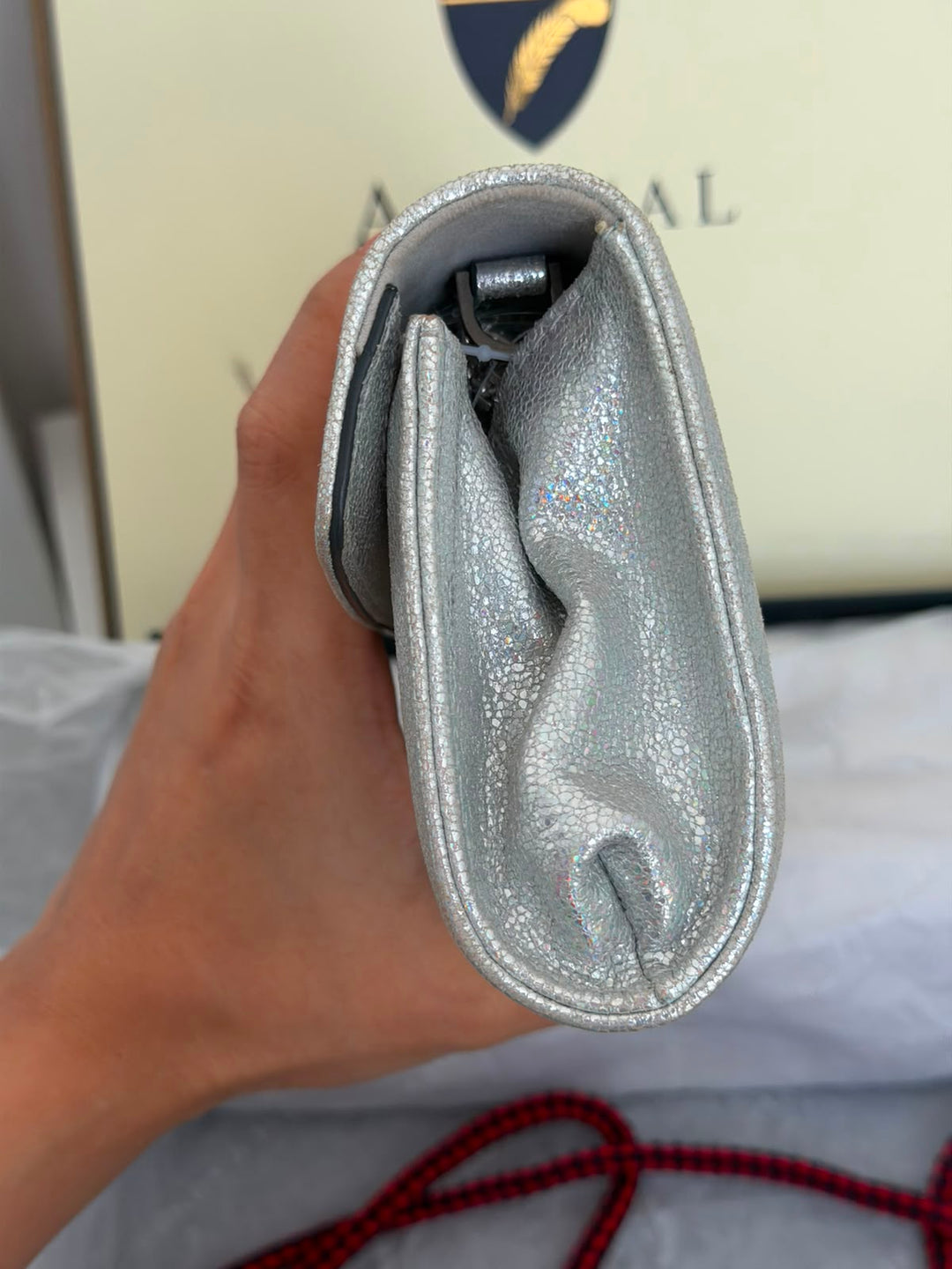 Aspinal Of London Mayfair Silver Textured Leather Chain Clutch