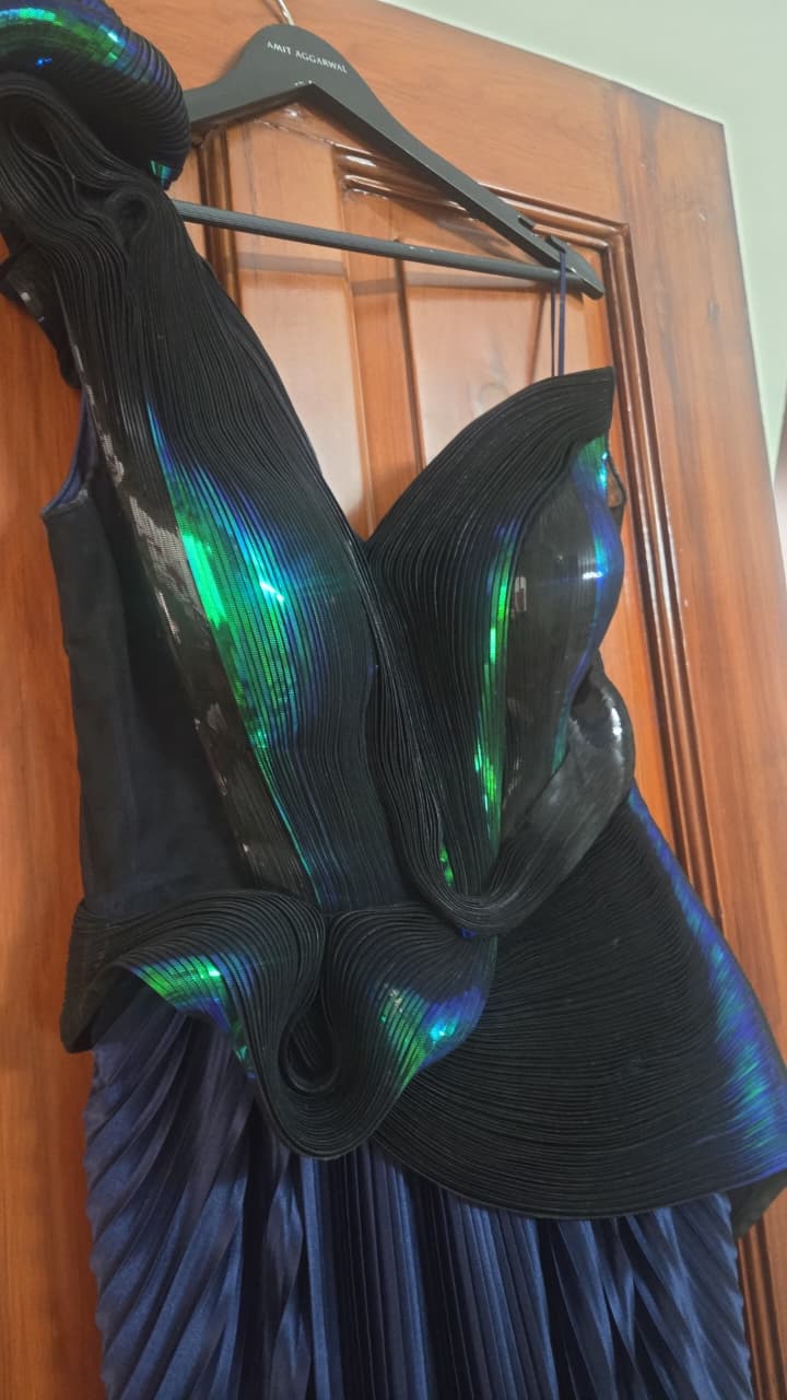Amit Aggarwal Metallic Gown With Plisse Drape