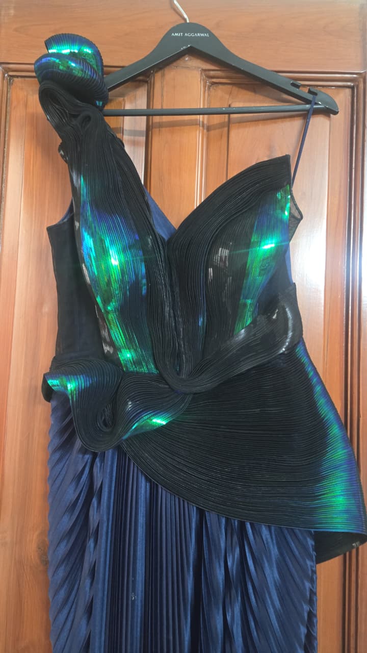 Amit Aggarwal Metallic Gown With Plisse Drape
