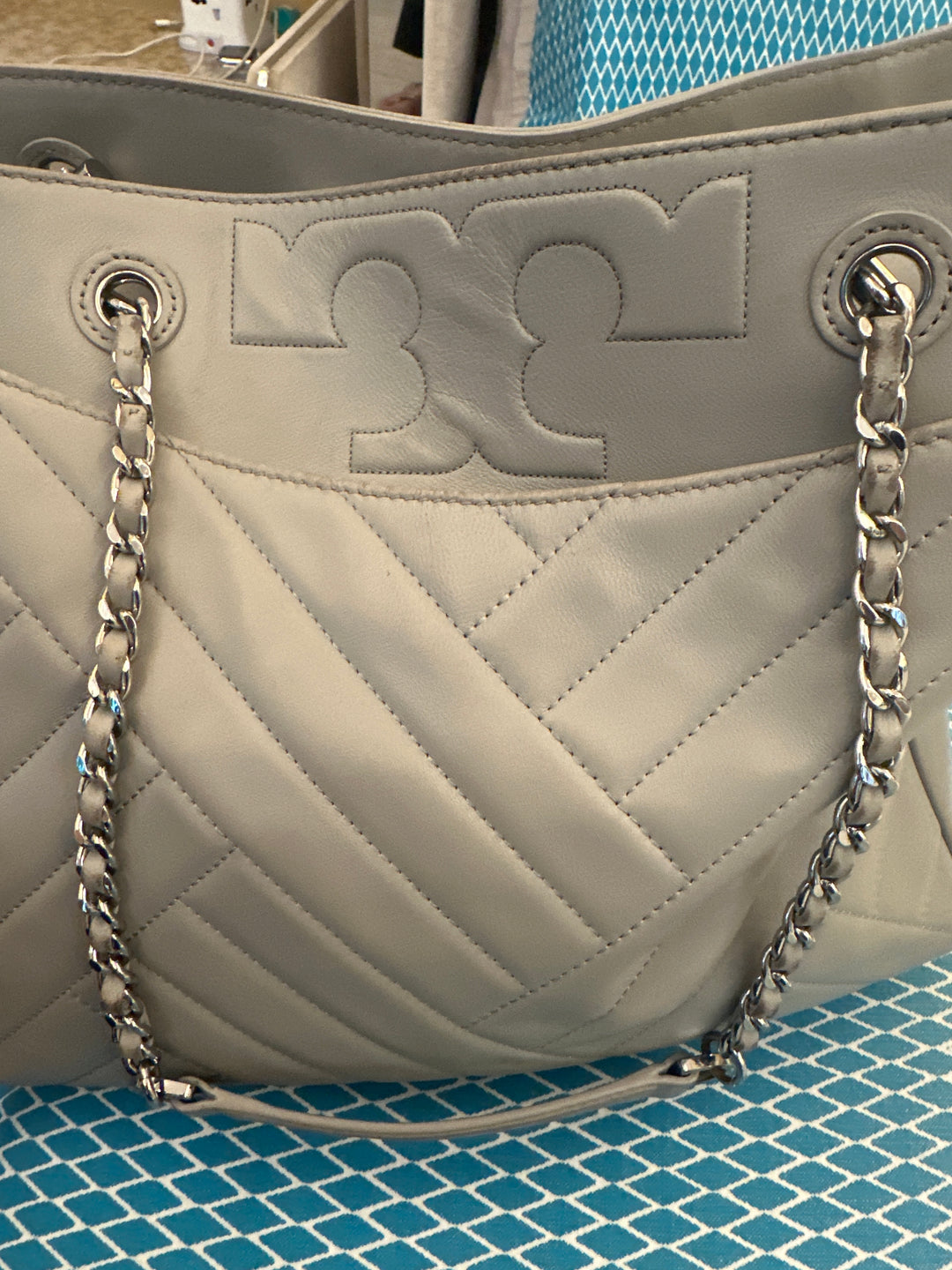 Tory Burch Grey Quilted Leather Alexa Chain Tote