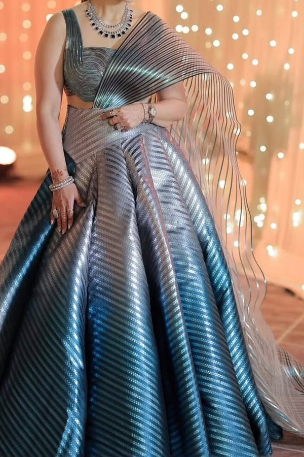Amit Aggarwal Metallic Silver-Blue Lehenga Set