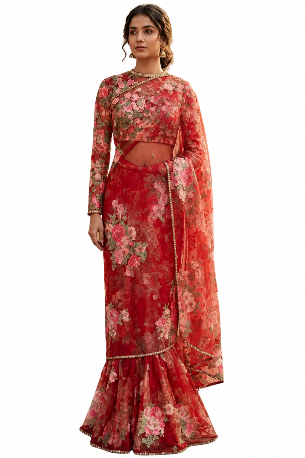 Sabyasachi Red Floral Embroidered Saree Set