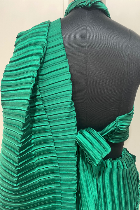 Green satin pleated saree set