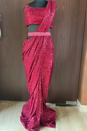 Pre Stitched red sequinned saree