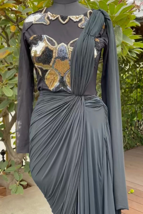 Mint Green Embroidered Saree Gown With Drape & Belt Design by Nidhika  Shekhar at Pernia's Pop Up Shop 2024