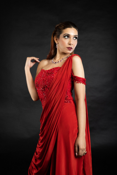 Draped cocktail gown sales saree