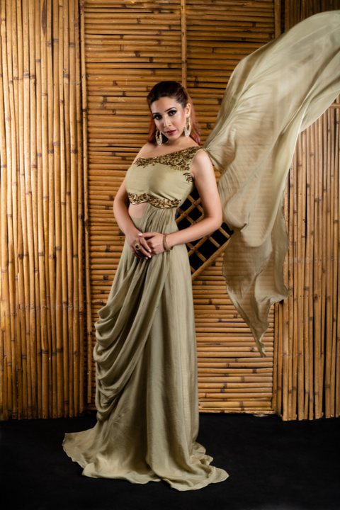 Buy Gold Draped Gown With Trail Detail And Heavy Embroidery Kalki Fashion  India