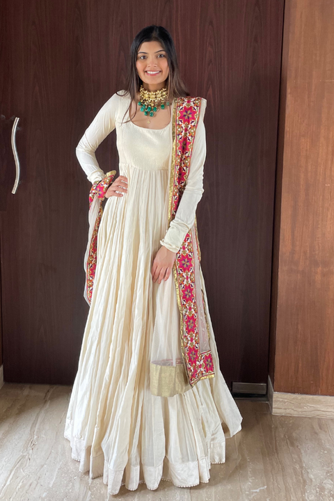 White Designer Indian Anarkali Gown In Beautiful Chikan Kari Work with   ManMohit Fashion