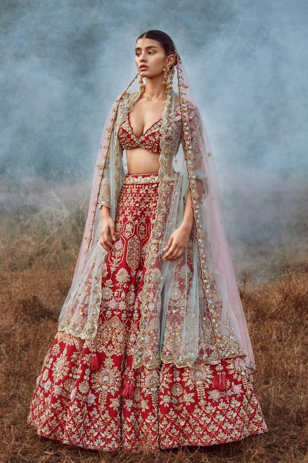 Tempting Silk Fabric Red Color Bridal Lehenga Choli With Heavy Look  Embroidered Work