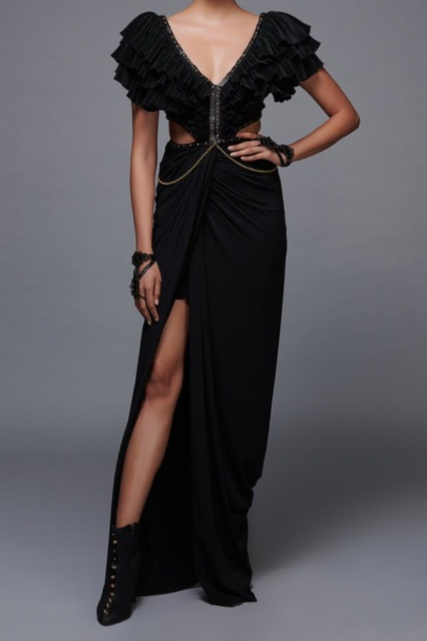 Shantanu and Nikhil Black Flounced Gown with Slit