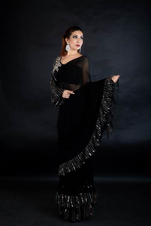 Buy Black Saree with an Off Shoulder Blouse by Designer KAVITA BHARTIA  Online at Ogaan.com