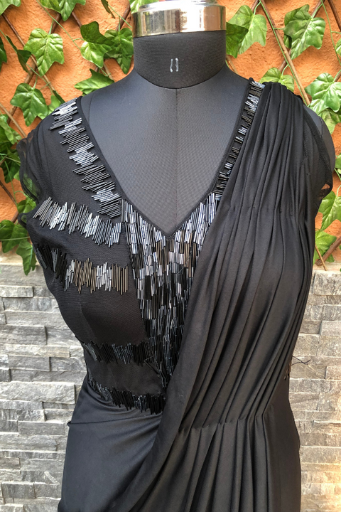 Navy Cotton Silk Embroidered Draped Saree Dress Design by Payal Pratap at  Pernia's Pop Up Shop 2024