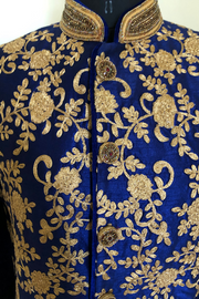 Royal blue zari embroidered sherwani