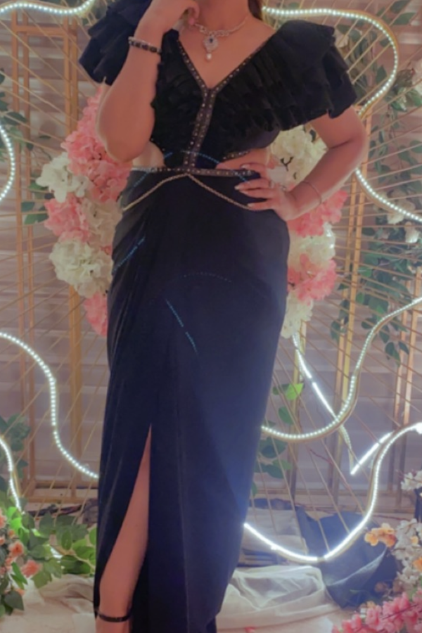 Shantanu and Nikhil Black Flounced Gown with Slit
