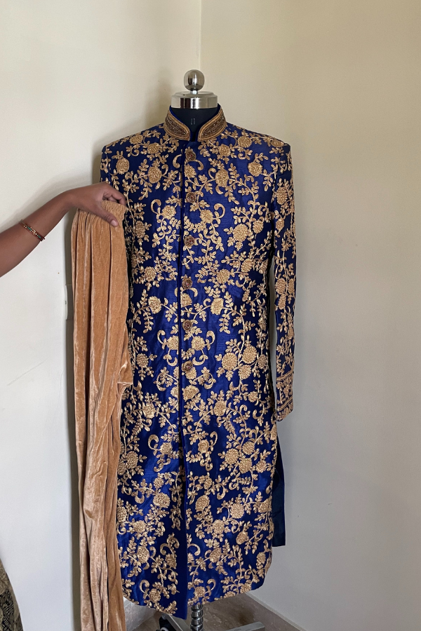 Royal blue zari embroidered sherwani