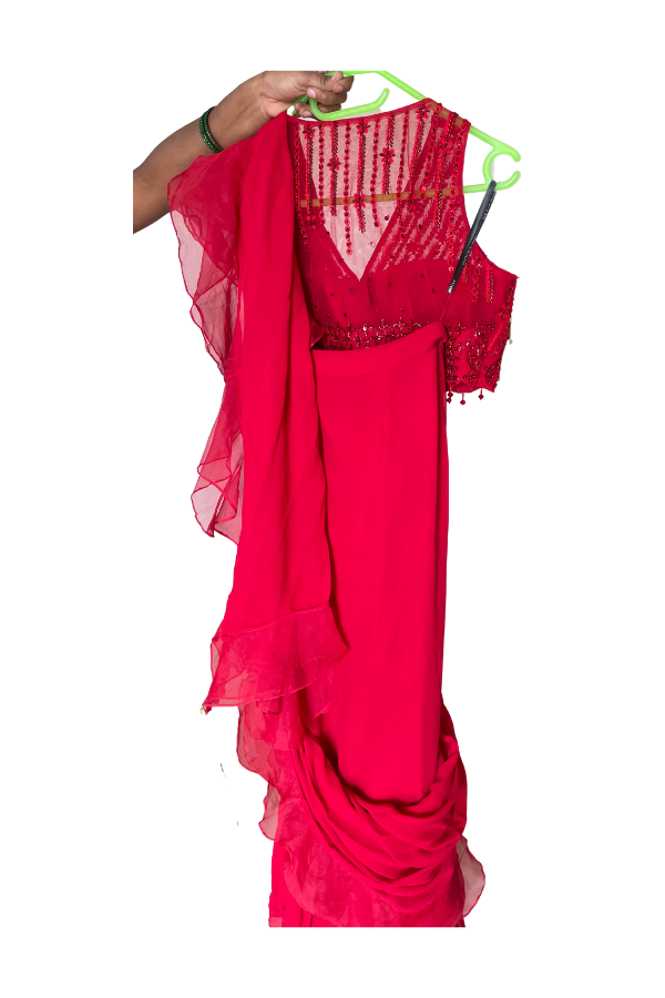 Red ruffle drape saree
