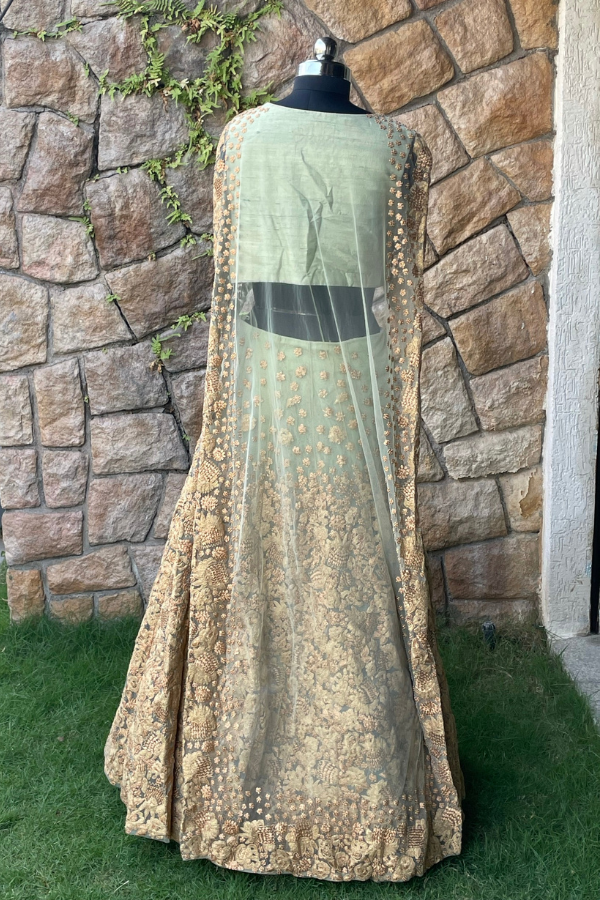 Gold and pastel green lehenga set