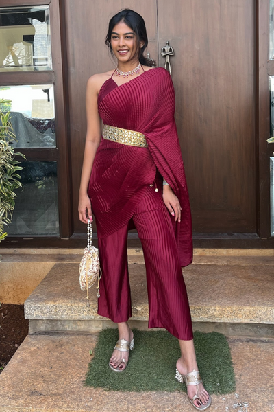 Maroon pre draped belted saree with pants