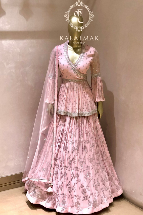Shop Pink Embroidered Peplum Lehenga Online in USA with Dupatta – Pure  Elegance